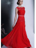 Beaded Red Lace Chiffon Flowy Evening Dress